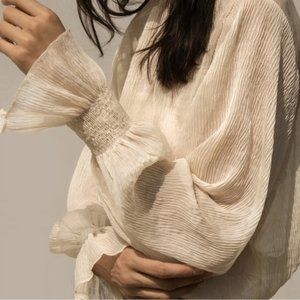 Oak + Fort Sheer Ruffle Neck Blouse in Beige, Size S